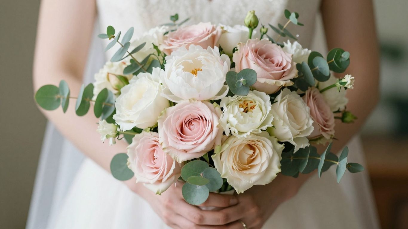 Bride holding a romantic wedding flower bouquet.
