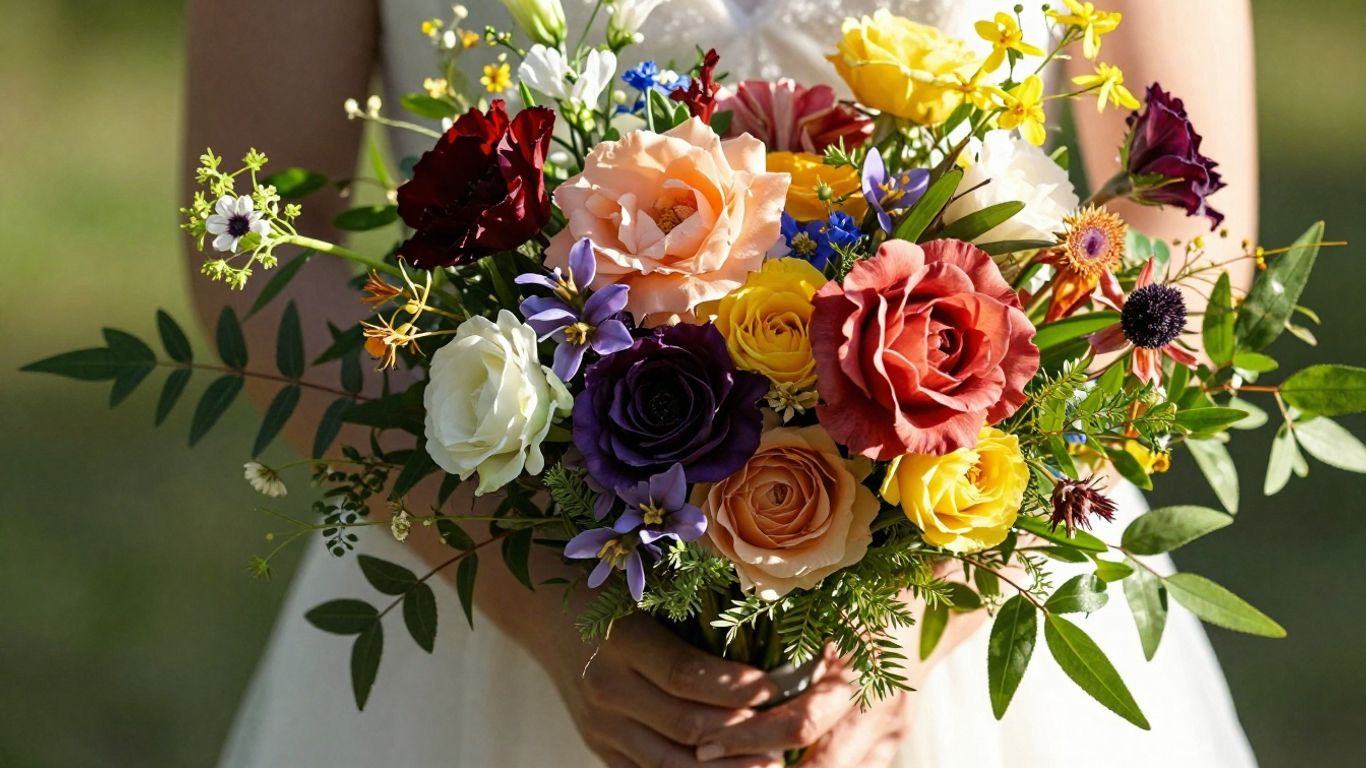 Unique wedding bouquet with colorful, unusual flowers and greenery.