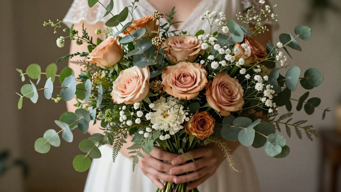 Rustic wedding flowers with wildflowers and burlap accents.