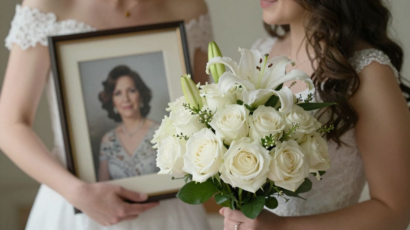 Bride holding memorial bouquet with mother's photo.