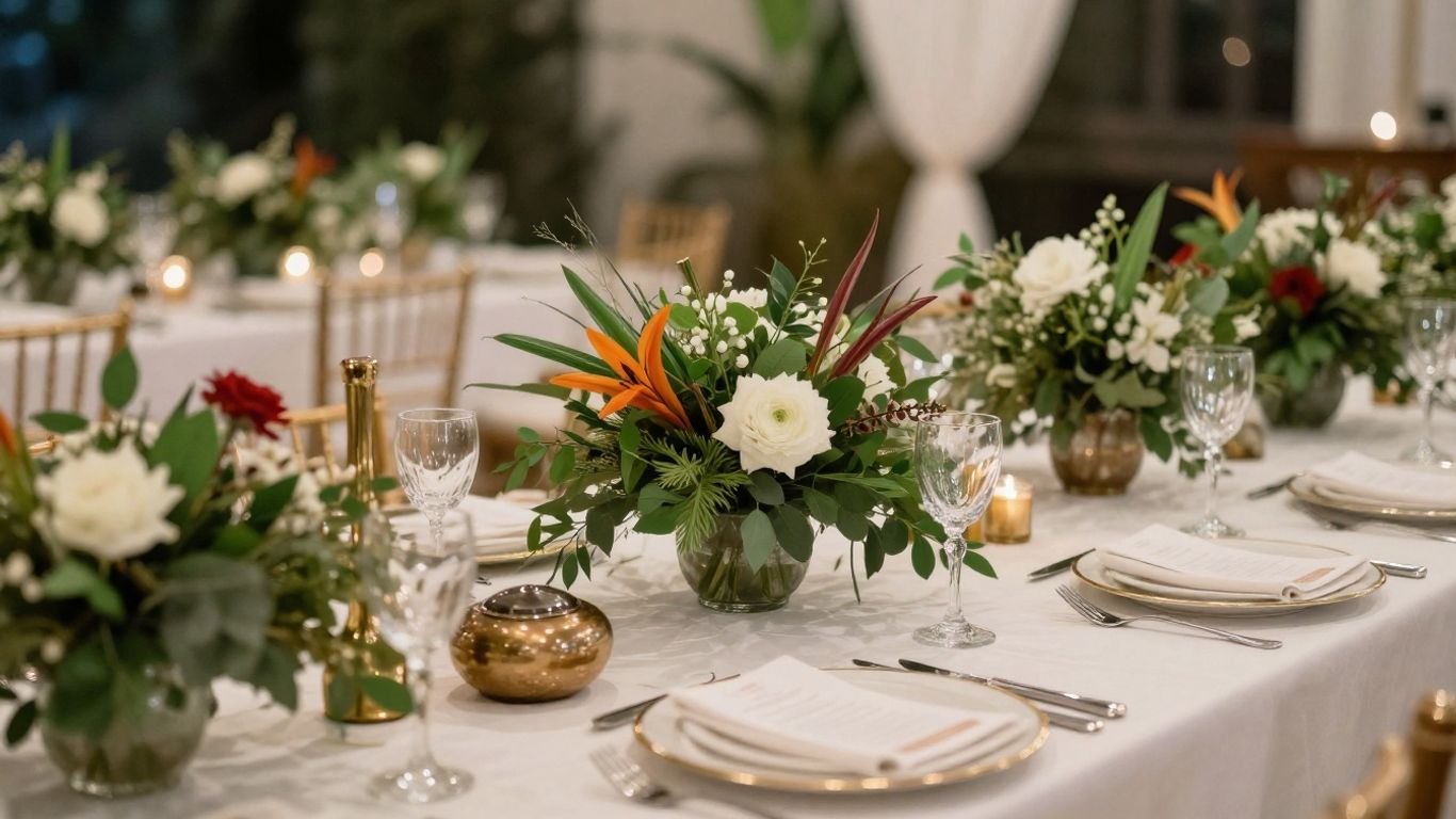 Unique wedding centrepieces on a reception table.