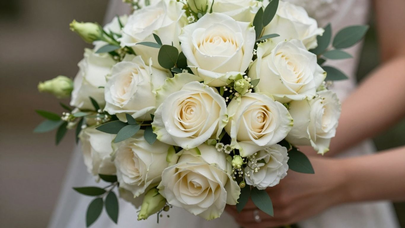 A beautiful wedding bouquet with white roses and greenery.