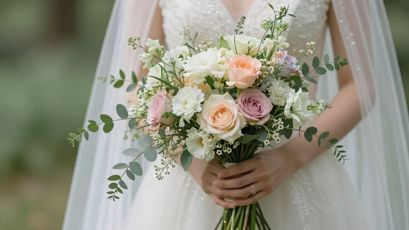 Whimsical bridal bouquet with soft pastel flowers and greenery.