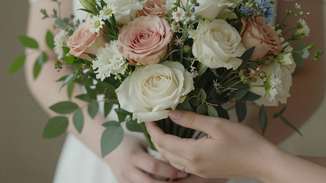 Hands holding a romantic bouquet of assorted flowers.