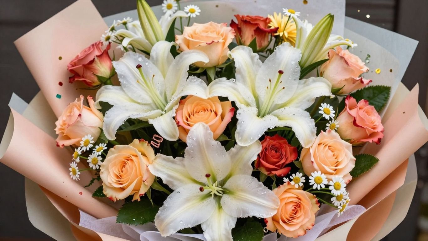 Enchanting birthday bouquet with colorful flowers and ribbons