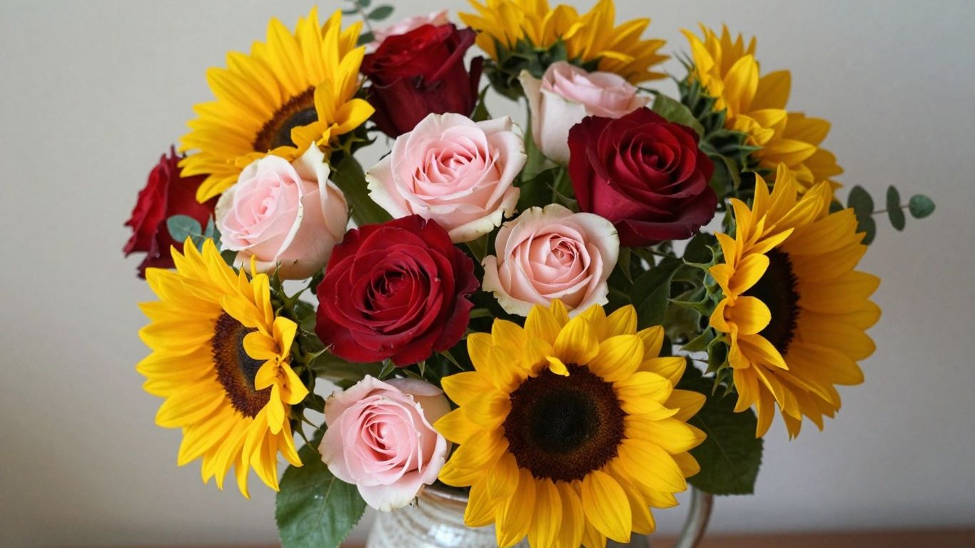 Warm bouquet of sunflowers and roses for a birthday.