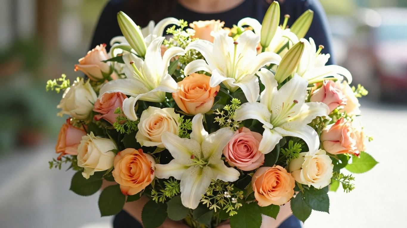 Beautiful birthday flower bouquet with roses and lilies.