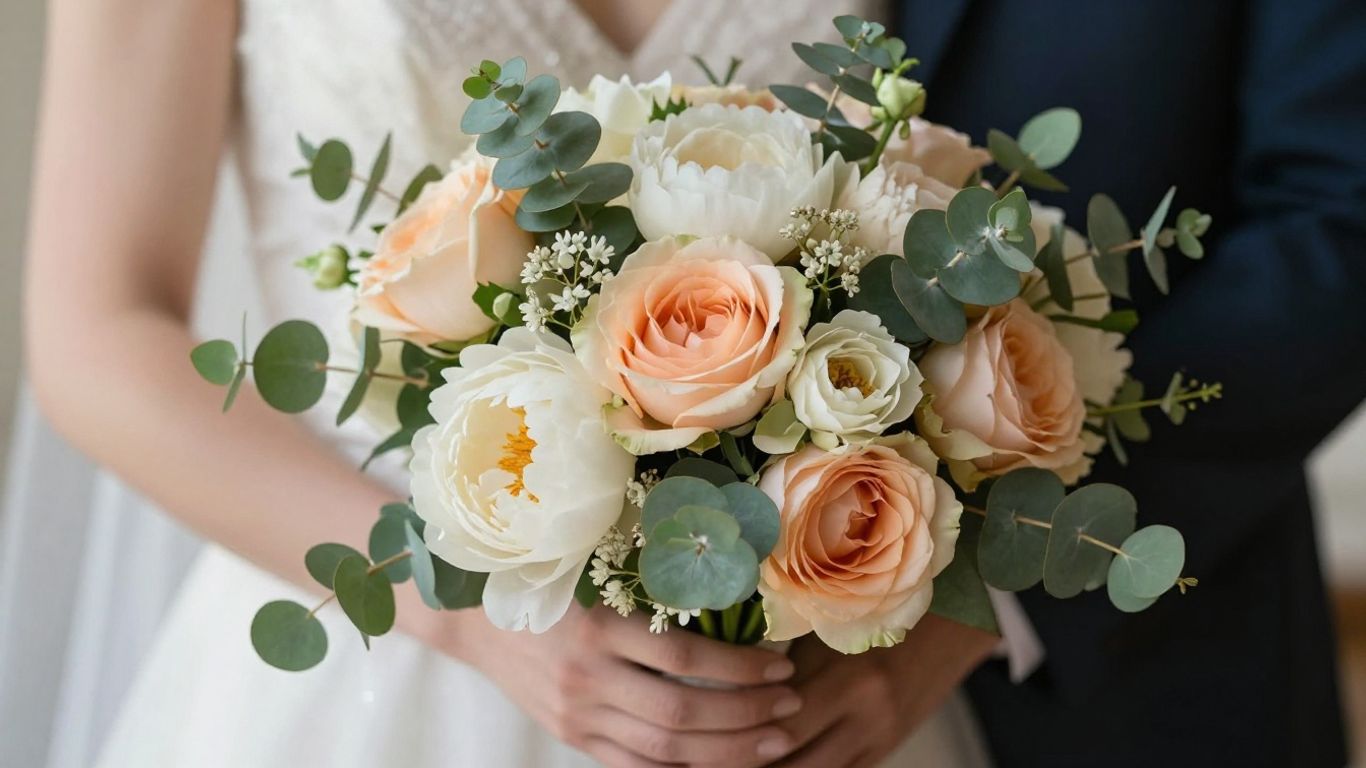 Bride holding a beautiful, colorful wedding flower bouquet.