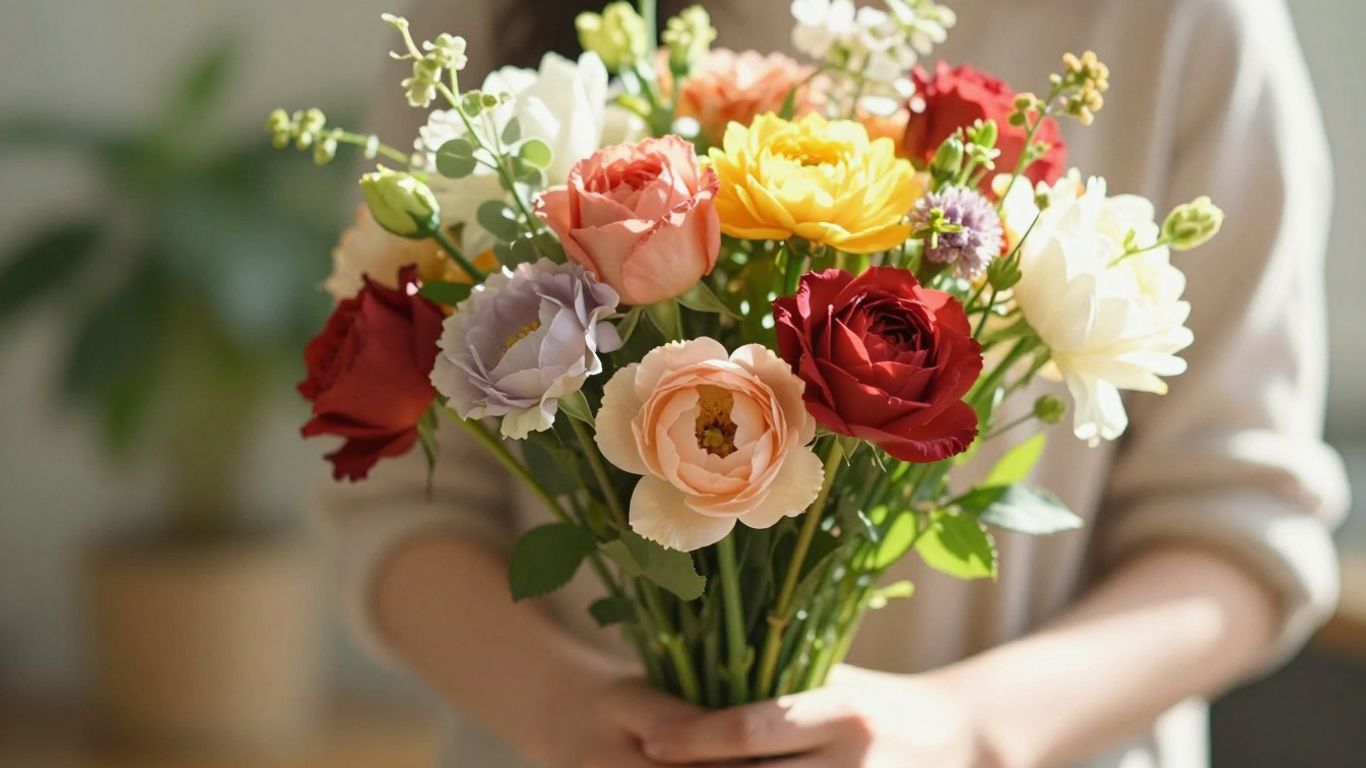 Bouquet of colorful flowers held by a hand.