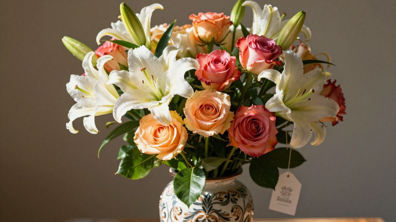 Birthday flowers in a vase with a gift tag.